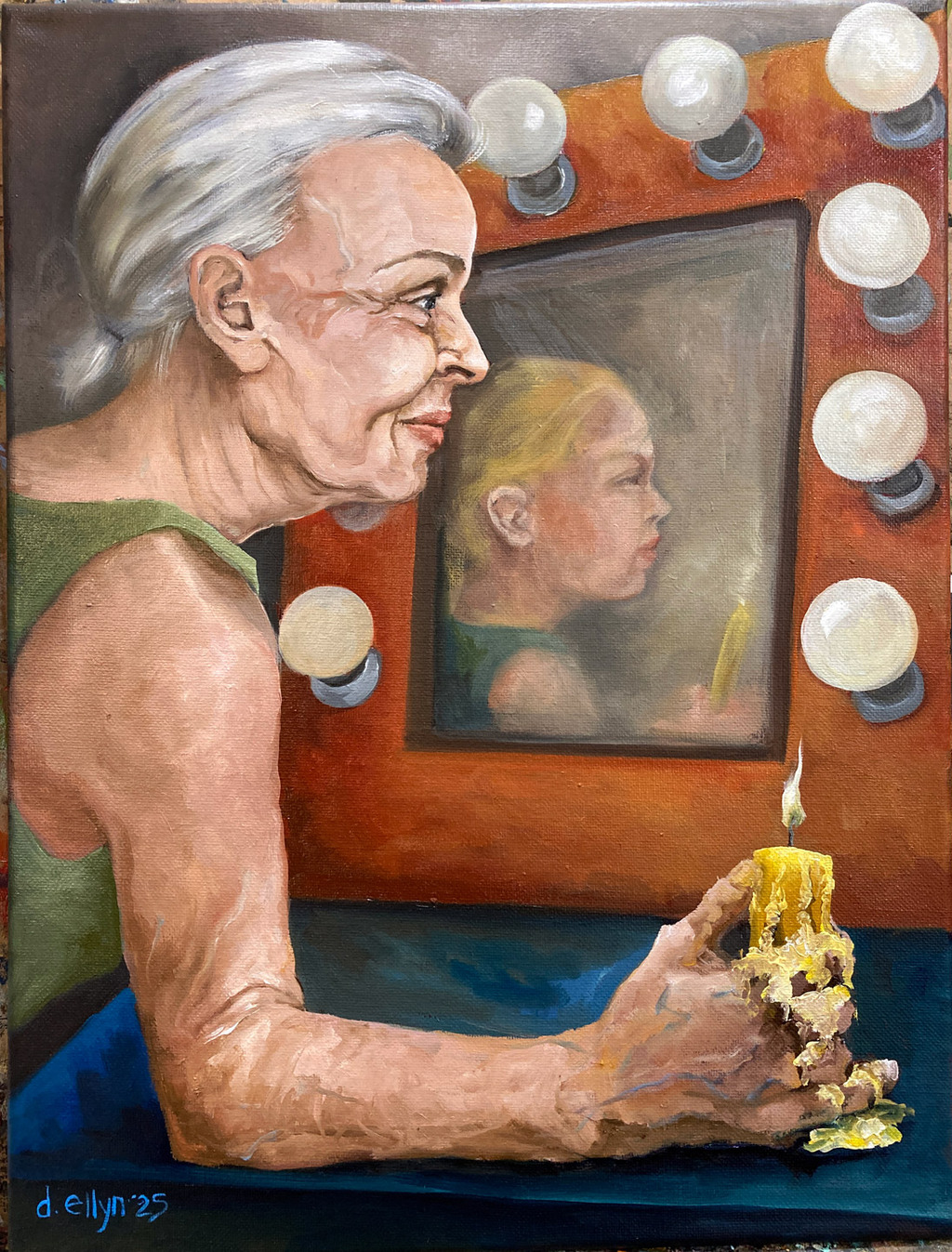 "Reflecting" – A contemplative portrait of a joyful woman embracing time, memories, and life’s warmth, with a glowing candle as symbolism.